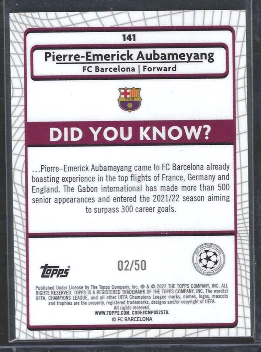 PIERRE-EMERICK AUBAMEYANG 2021-22 TOPPS MERLIN GOLD ATOMIC ICE REFRACTOR #D /50