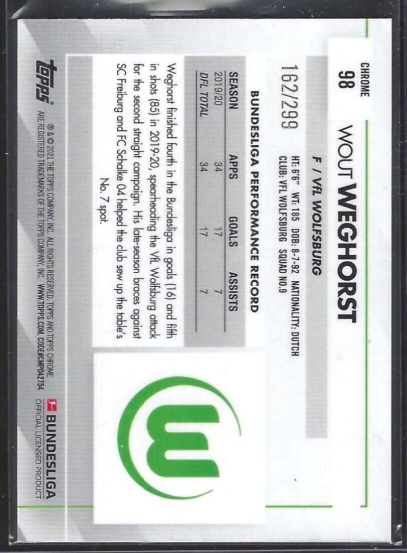 WOUT WEGHORST 2020-21 TOPPS CHROME PURPLE ROOKIE REFRACTOR RC #D 162/299