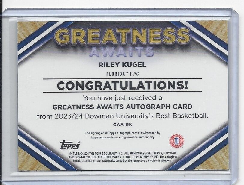 RILEY KUGEL 2023 BOWMAN BEST GREATNESS AWAITS GOLD GEOMETRIC REFRACTOR AUTO /50
