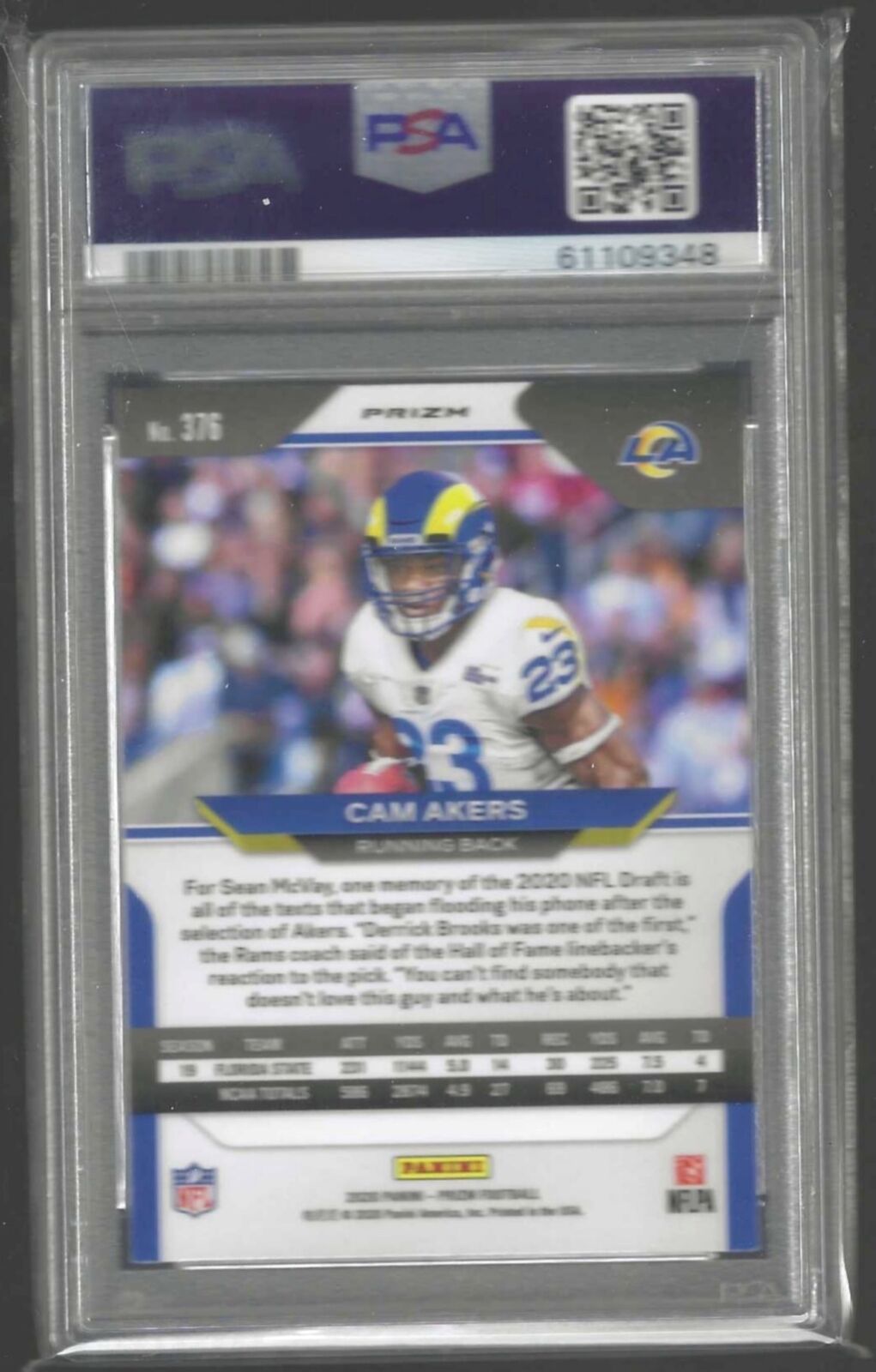 CAM AKERS 2020 PANINI PRIZM ORANGE LAZER PRIZM ROOKIE RC #376 PSA 9 MINT