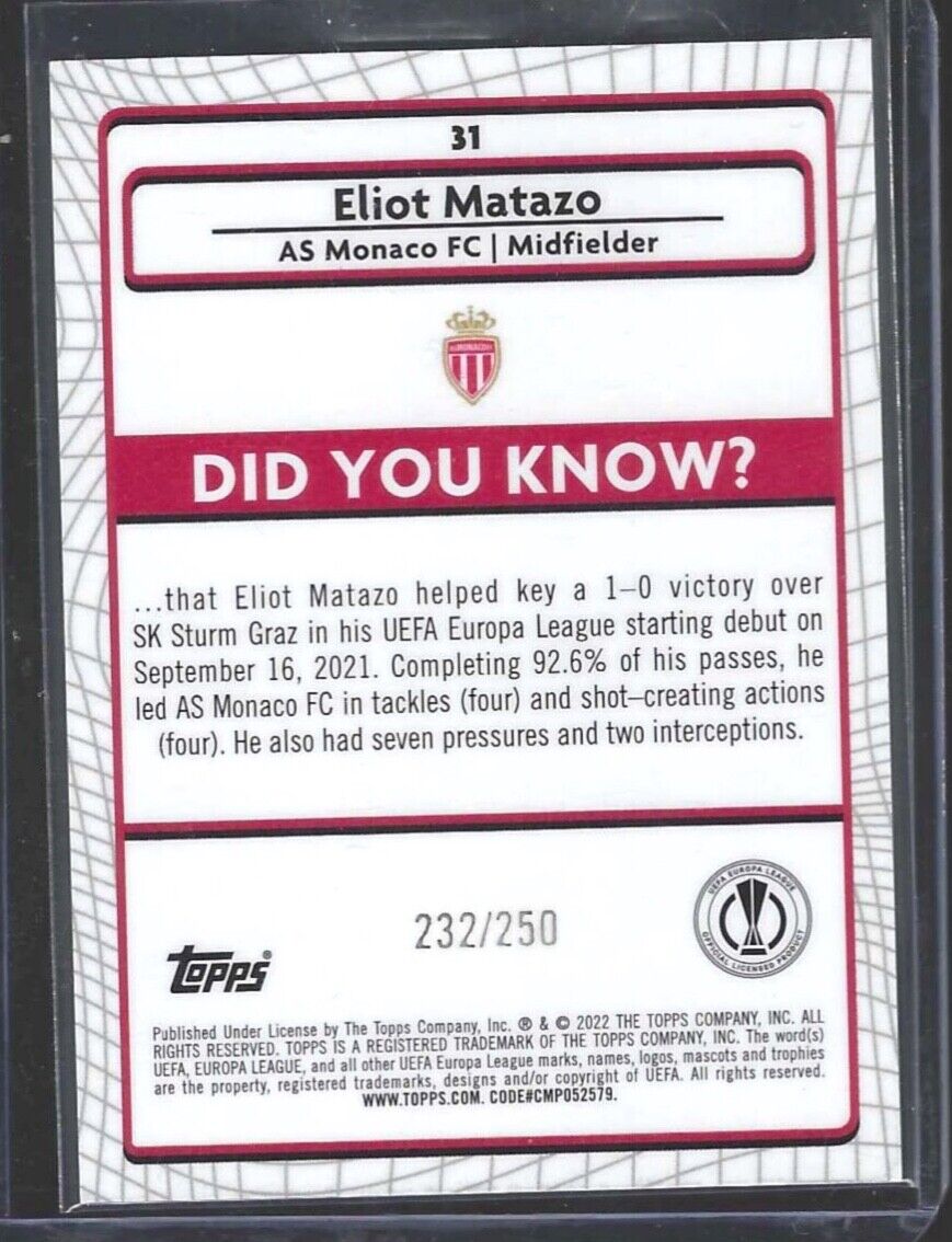 ELIOT MATAZO 2021-22 TOPPS MERLIN ATOMIC ICE REFRACTOR ROOKIE RC #D 232/250