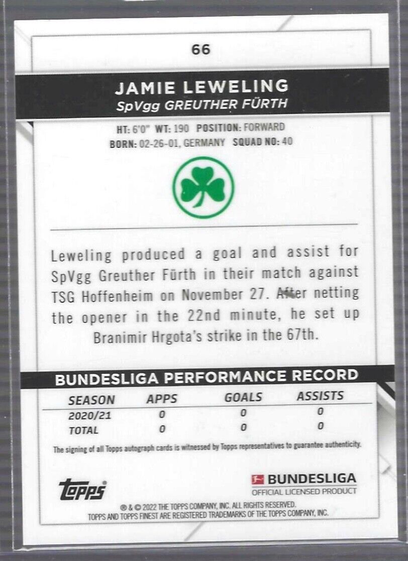 JAMIE LEWELING 2021-22 TOPPS FINEST SILVER REFRACTOR ROOKIE AUTO RC #66