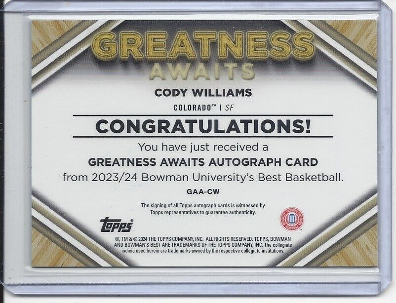 CODY WILLIAMS 2023 BOWMANS BEST GREATNESS AWAITS GOLD REFRACTOR ON CARD AUTO /50
