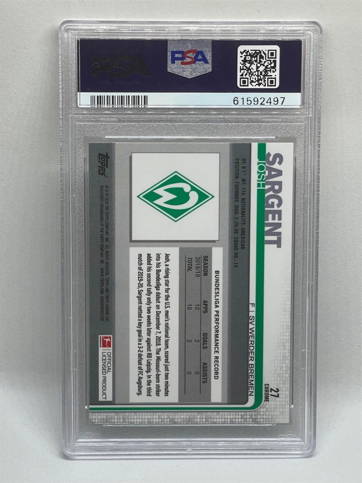 JOSH SARGENT 2019 TOPPS CHROME BUNDESLIGA #27 ROOKIE RC PSA 10 GEM MINT