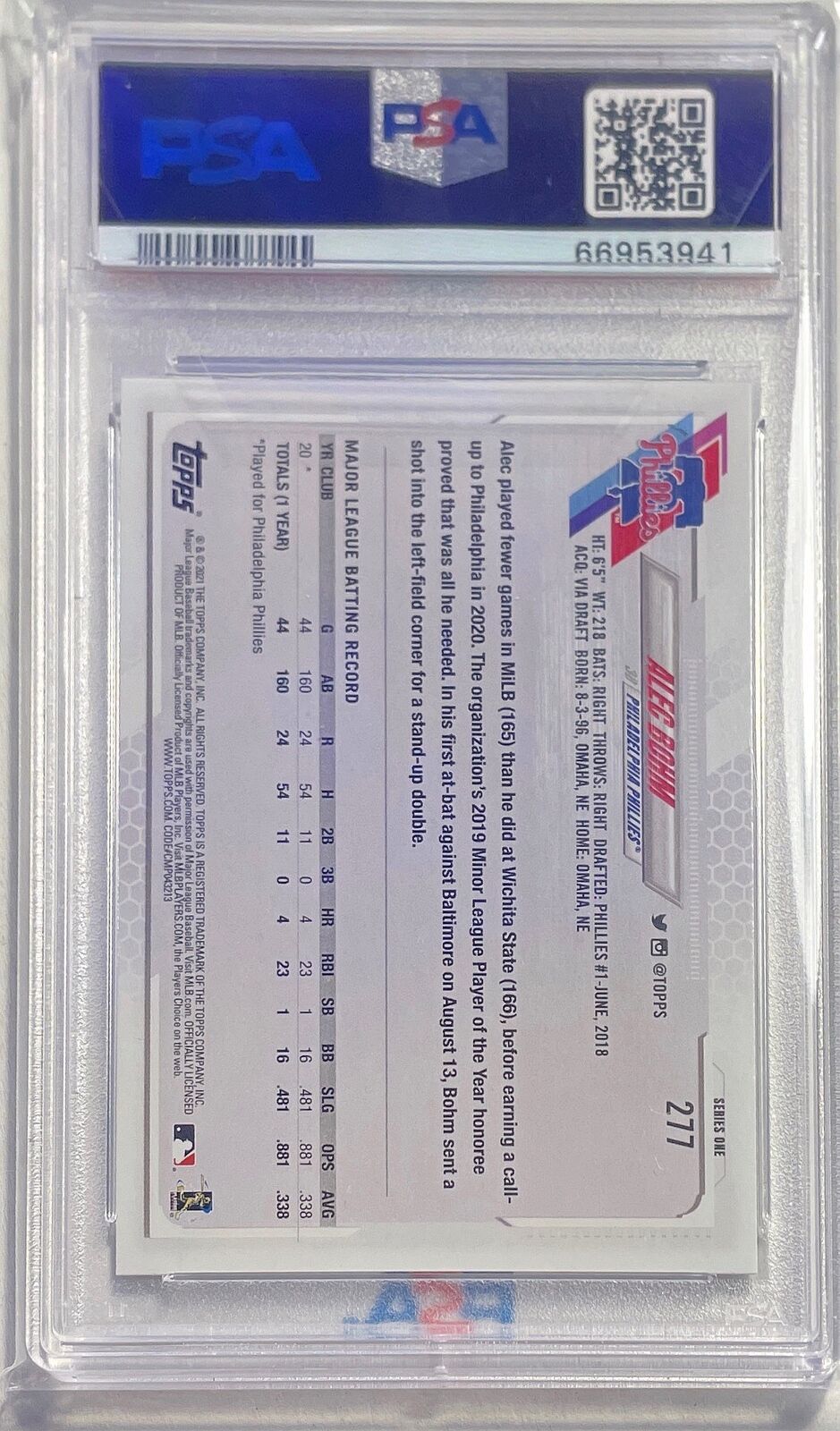 ALEC BOHM 2021 TOPPS RAINBOW FOIL ROOKIE RC #277 PSA 10 GEM MINT