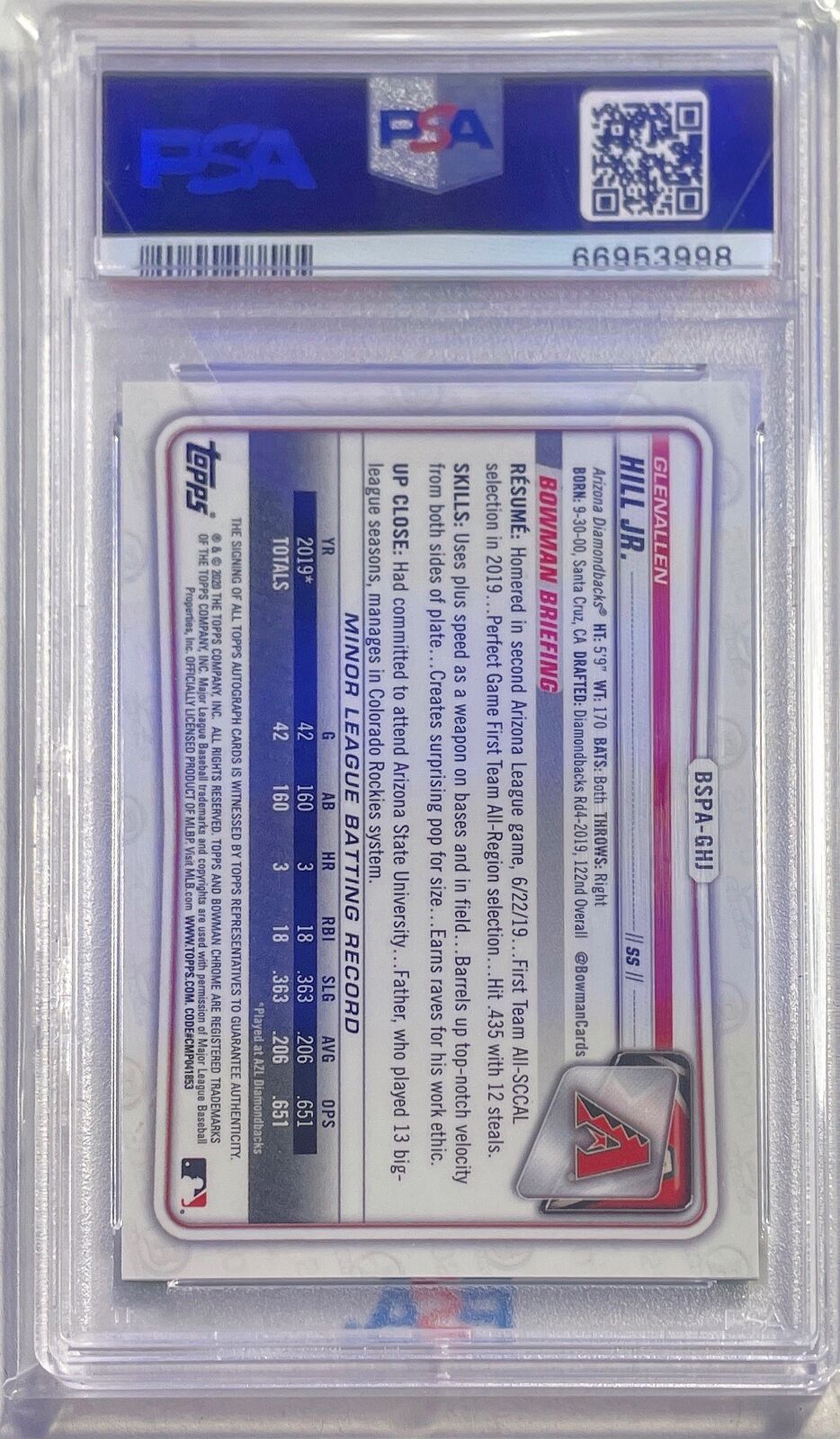 GLENALLEN HILL JR 2020 BOWMAN CHROME 1ST SAPPHIRE GREEN AUTO RC /50 PSA 10 POP 7