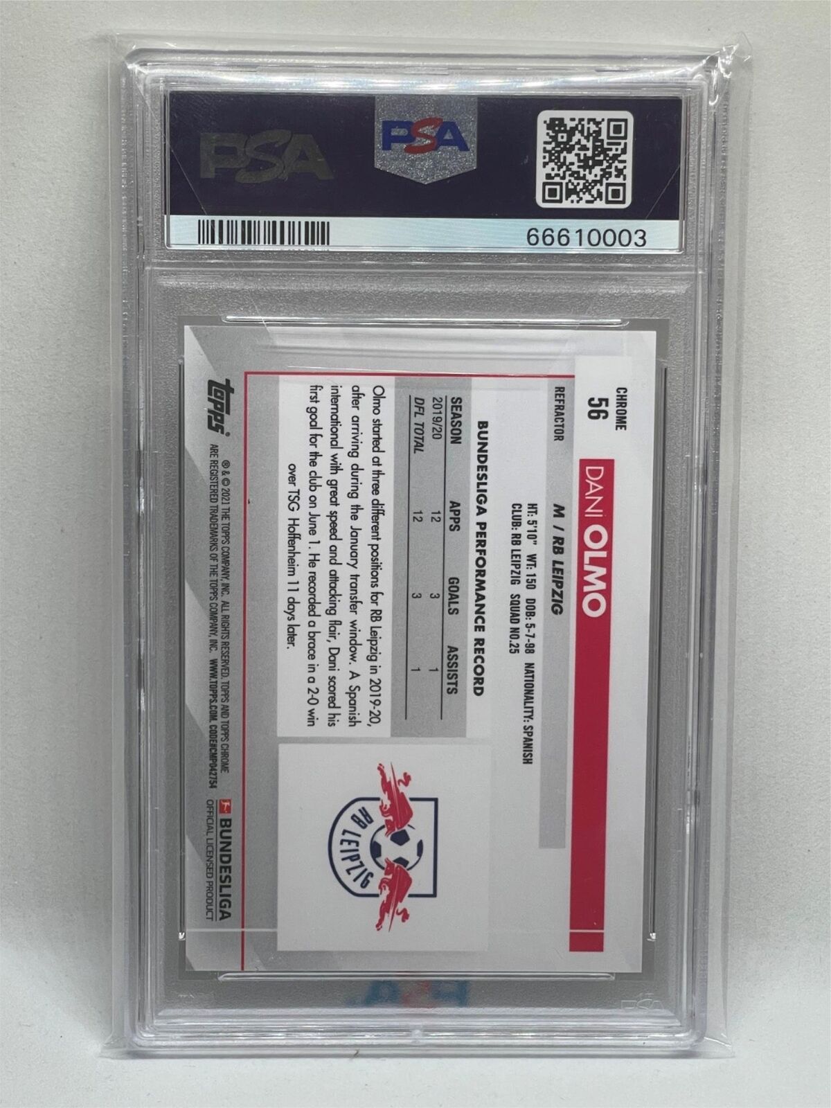 DANI OLMO 2020-21 TOPPS CHROME BUNDESLIGA ROOKIE REFRACTOR RC #56 PSA 9 MINT