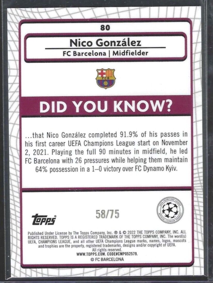 NICO GONZALEZ 2021-22 TOPPS MERLIN UEFA BLUE REFRACTOR ROOKIE RC #D 58/75