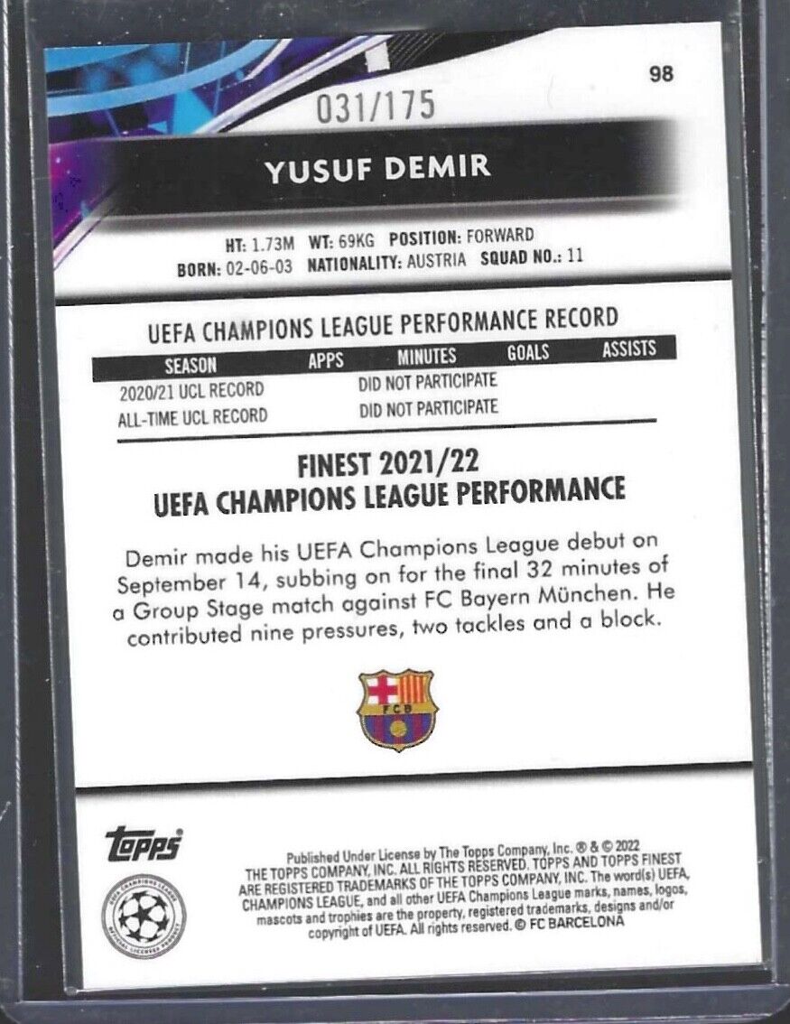 YUSUF DEMIR 2021-22 TOPPS FINEST SILVER SPECKLE REFRACTOR ROOKIE RC #D /175