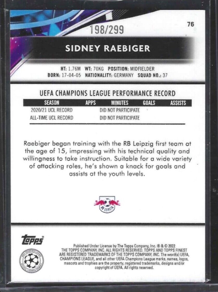 SIDNEY RAEBIGER 2021-22 TOPPS FINEST PURPLE REFRACTOR ROOKIE RC #D 196/299
