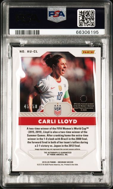 CARLI LLOYD 2019-20 PANINI OBSIDIAN AURORA ORANGE AUTO #D 45/50 PSA 9 MINT POP 2