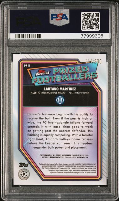 LAUTARO MARTINEZ 2021 FINEST UCL PRIZED FOOTBALLERS REFRACTOR AUTO /200 PSA 10