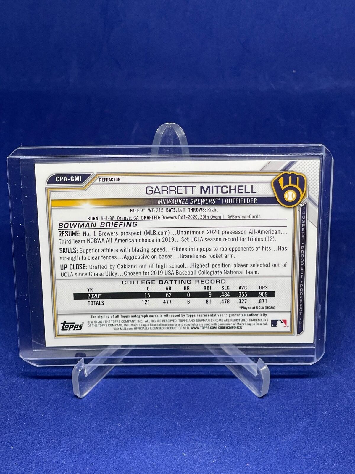 GARRETT MITCHELL 2021 BOWMAN CHROME ON CARD AUTO REFRACTOR PROSPECT #D 467/499