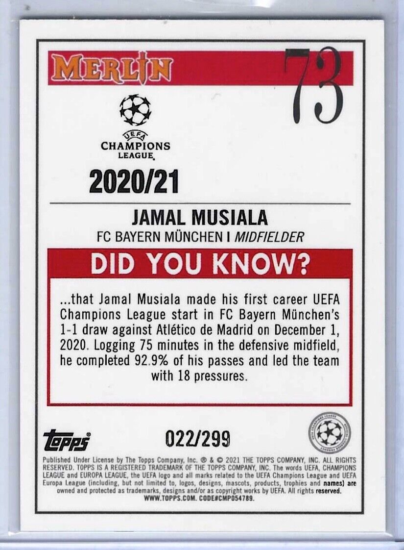 JAMAL MUSIALA 2020-21 TOPPS MERLIN PURPLE REFRACTOR ROOKIE RC #D 022/299
