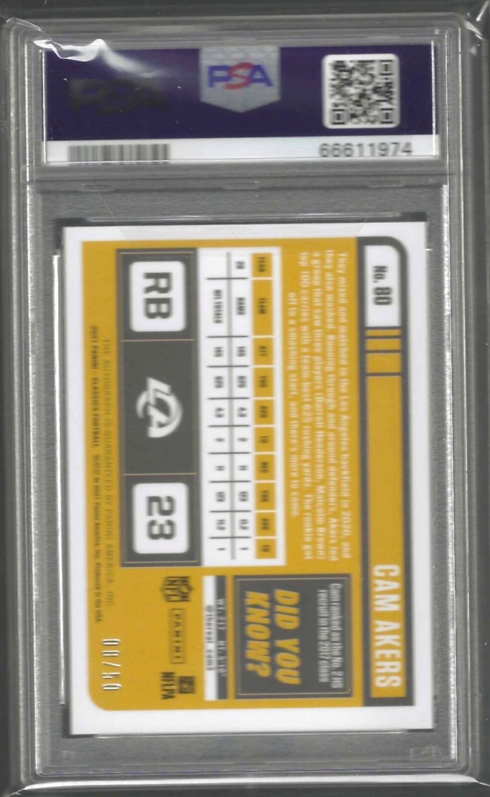 CAM AKERS 2021 PANINI CLASSICS GOLD PRIZM AUTO #D 8/50 PSA 9 MINT POP 2