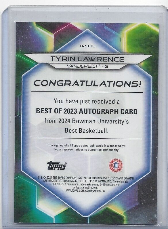 TYRIN LAWRENCE 2023 BOWMANS BEST RED GEOMETRIC REFRACTOR AUTO #D 5/10