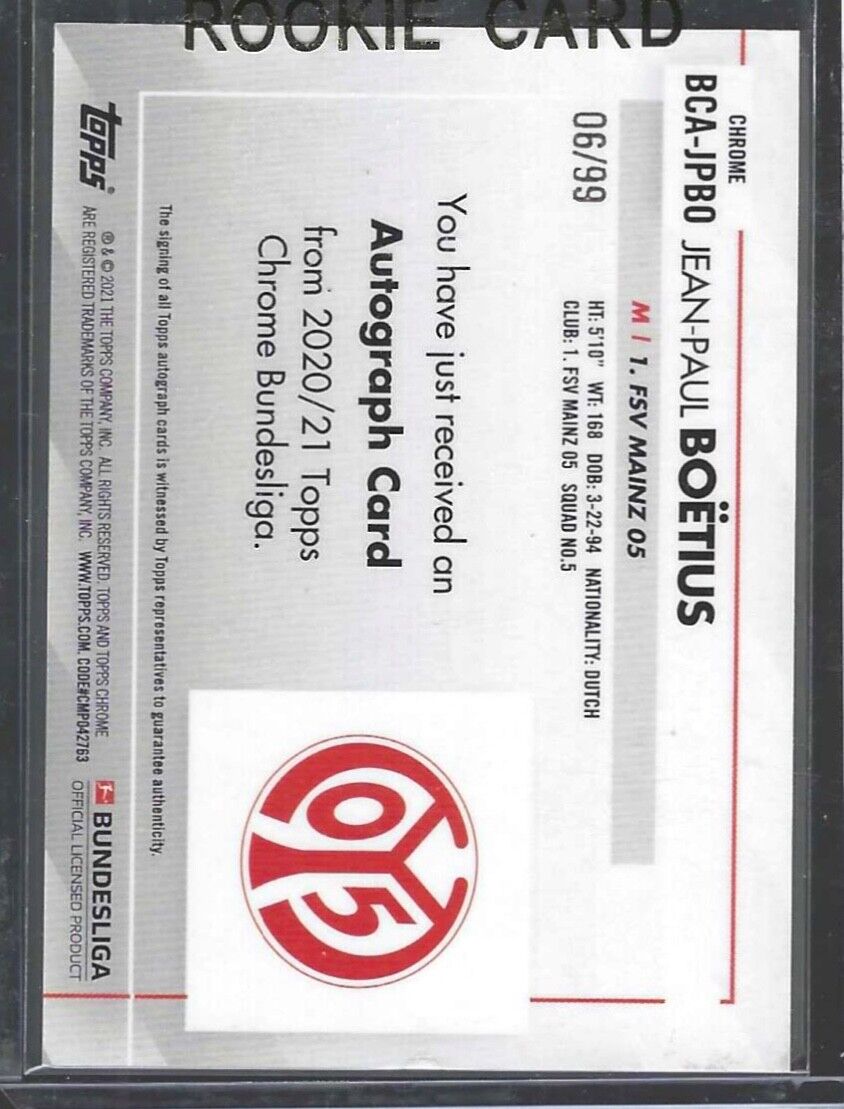 JEAN-PAUL BOETIUS 2020-21 TOPPS CHROME BUNDESLIGA GREEN REFRACTOR AUTO #D 06/99