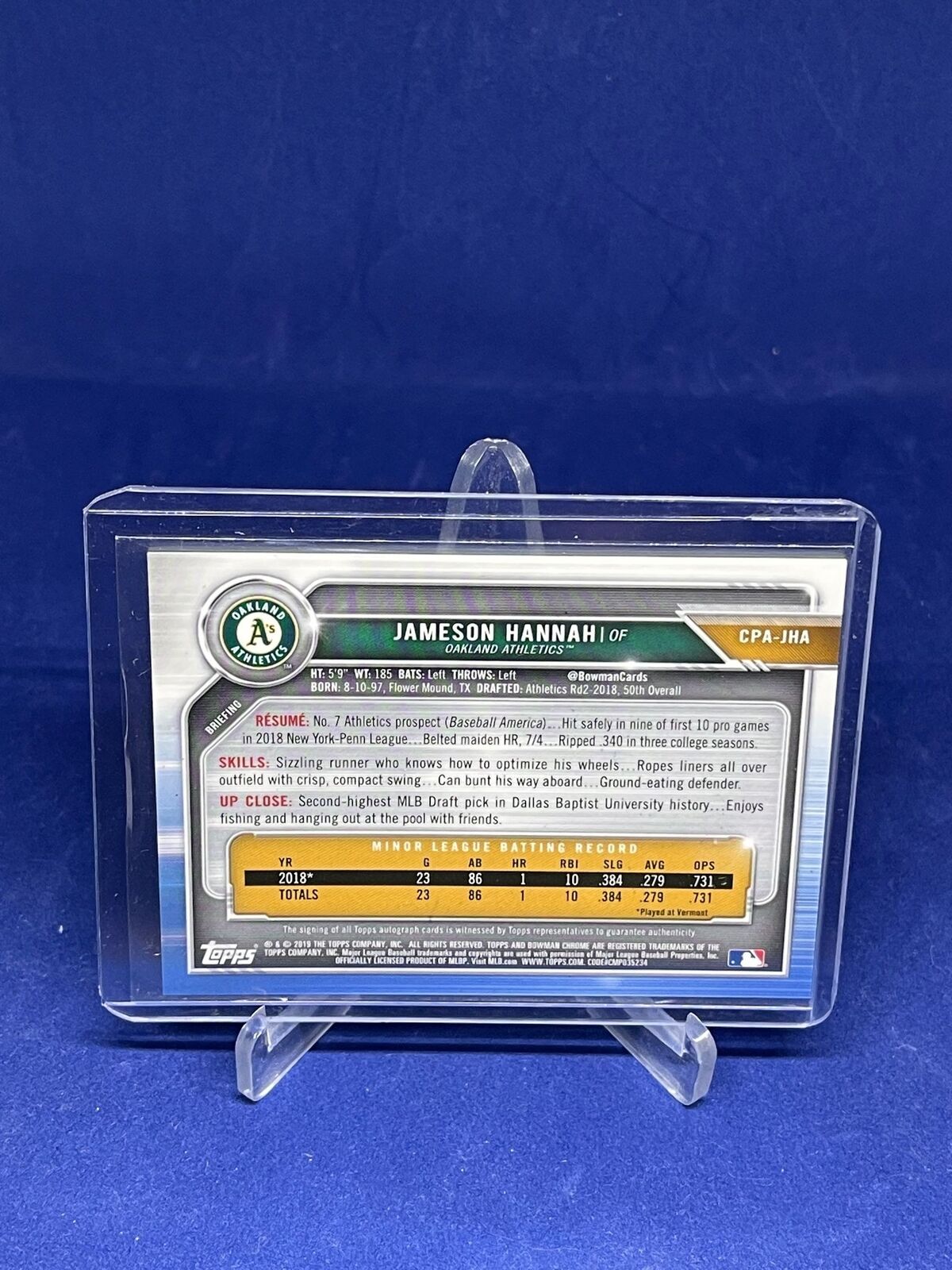 JAMESON HANNAH 2019 BOWMAN CHROME ON CARD AUTO PROSPECT