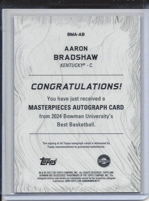 AARON BRADSHAW 2023 BOWMANS BEST UNIVERSITY MASTERPIECES GOLD REFRACTOR AUTO /50