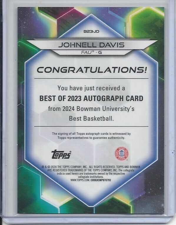 JOHNELL DAVIS 2023 BOWMAN'S BEST UNIVERSITY GOLD GEOMETRIC REFRACTOR AUTO /50