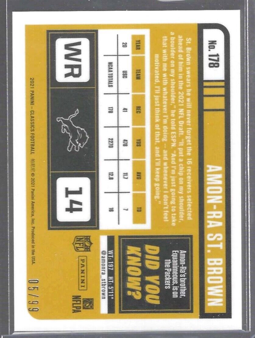 AMON-RA ST BROWN 2021 CLASSICS GOLD PREMIUM PRIZM TIMELESS TRIBUTES RC #D 05/99