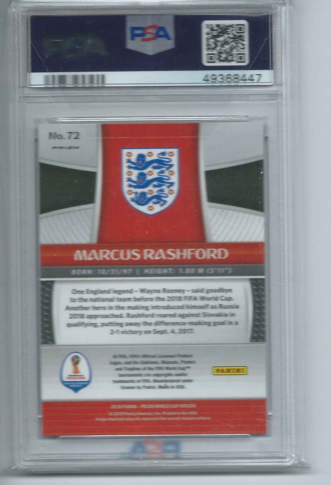 MARCUS RASHFORD 2018-19 PANINI PRIZM WORLD CUP RED BLUE WAVE PRIZM RC PSA 10 GEM