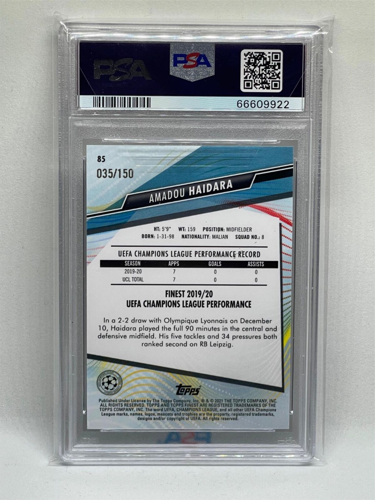 AMADOU HAIDARA 2020 TOPPS FINEST UCL BLUE REFRACTOR RC #D 35/150 PSA 9 POP 1/1