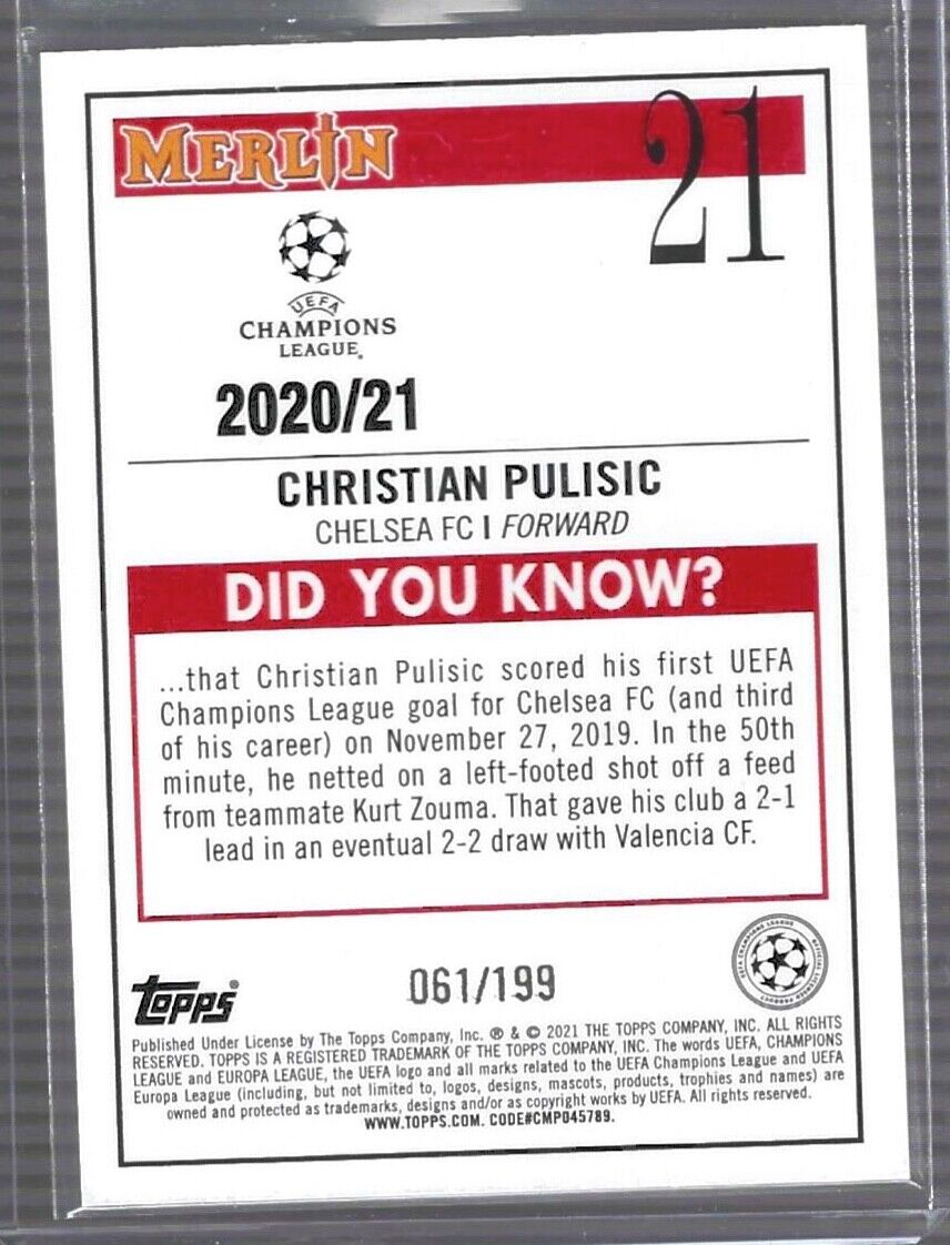 CHRISTIAN PULISIC 2020-21 TOPPS MERLIN UEFA AQUA REFRACTOR #D 061/199