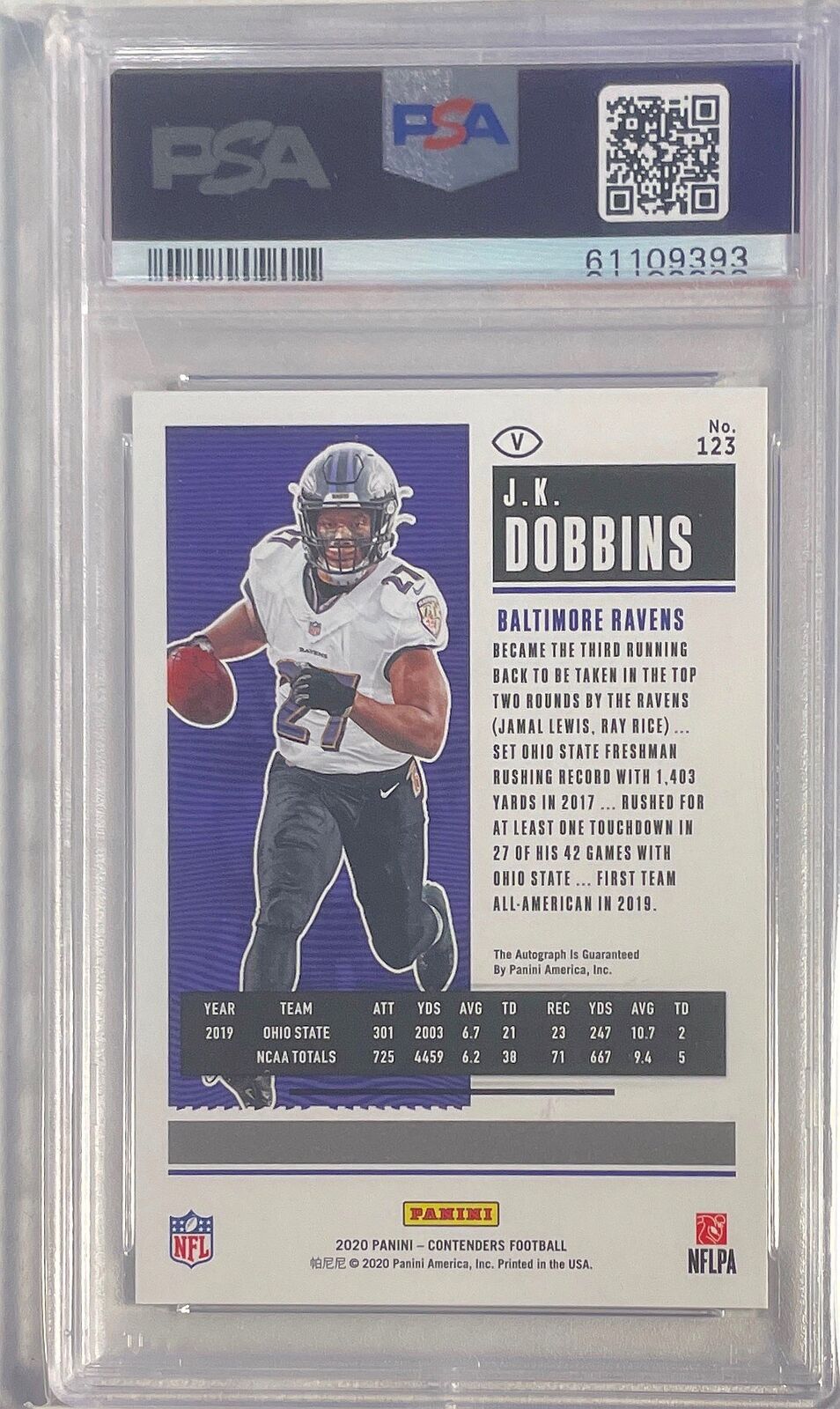J.K. DOBBINS 2020 CONTENDERS PLAYOFF TICKET AUTO RC #D 42/49 PSA 9 MINT POP 6