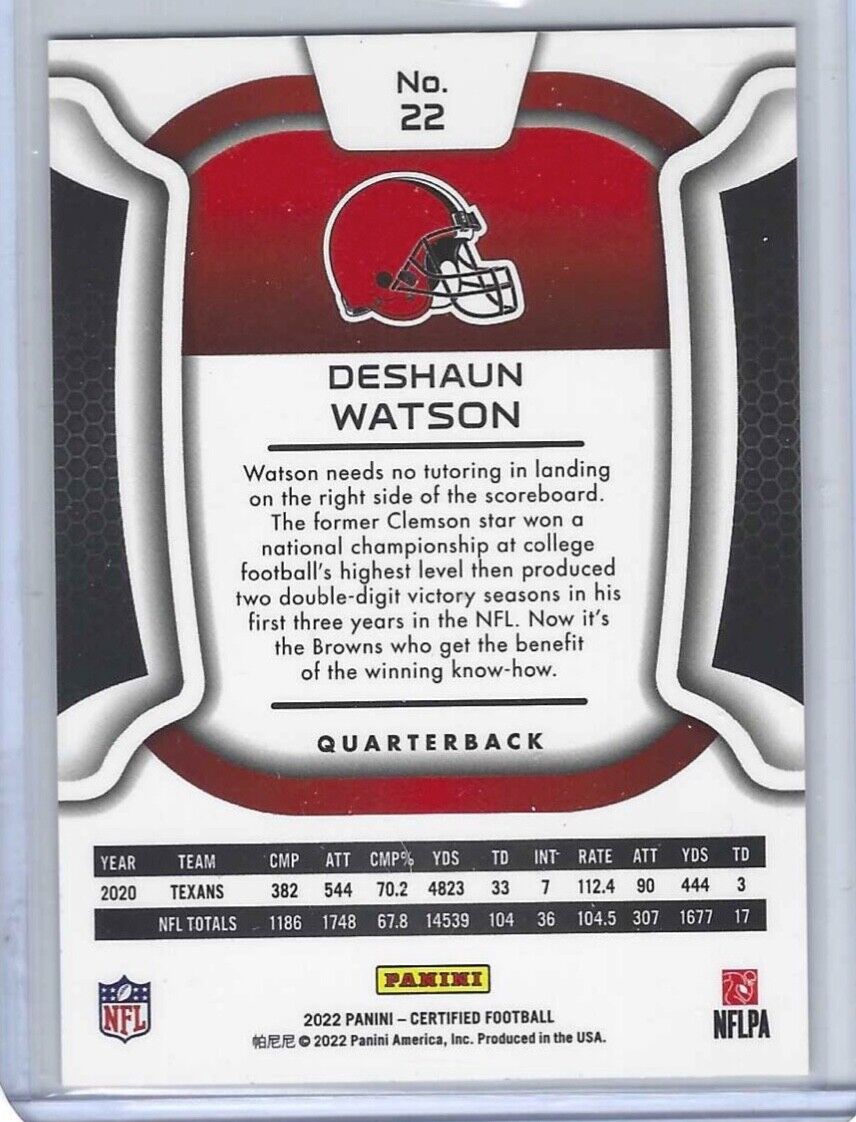 DESHAUN WATSON 2022 PANINI CERTIFIED MIRROR GOLD FOIL #D 09/25