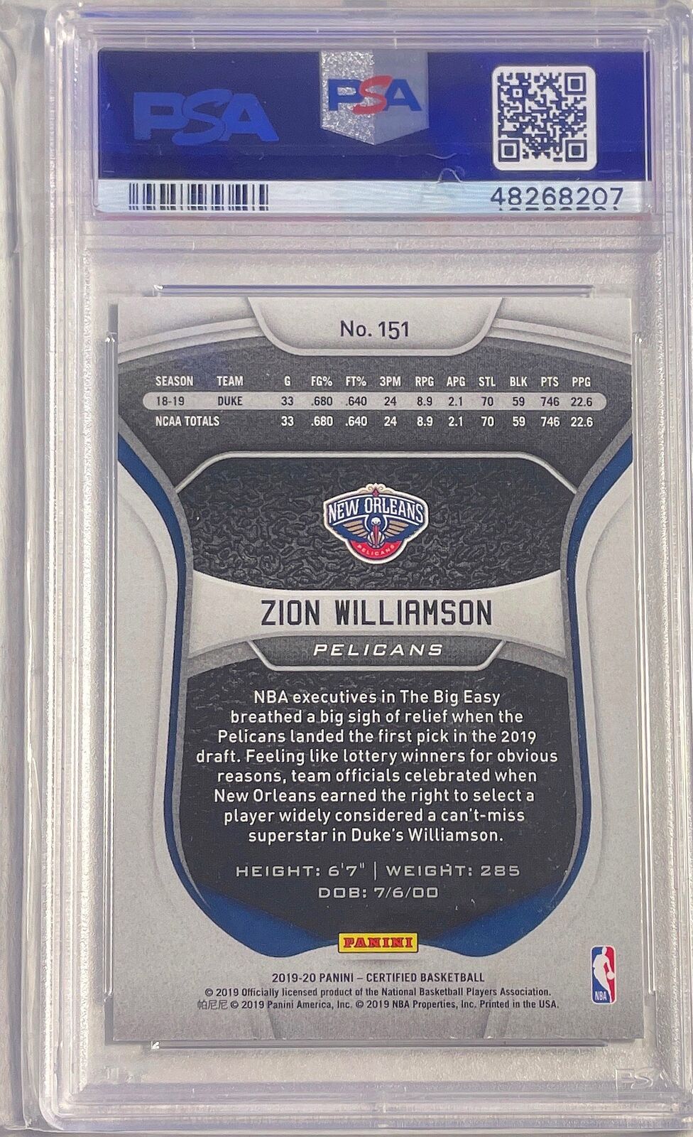ZION WILLIAMSON 2019-20 PANINI CERTIFIED ROOKIE RC #151 PSA 10 GEM MINT