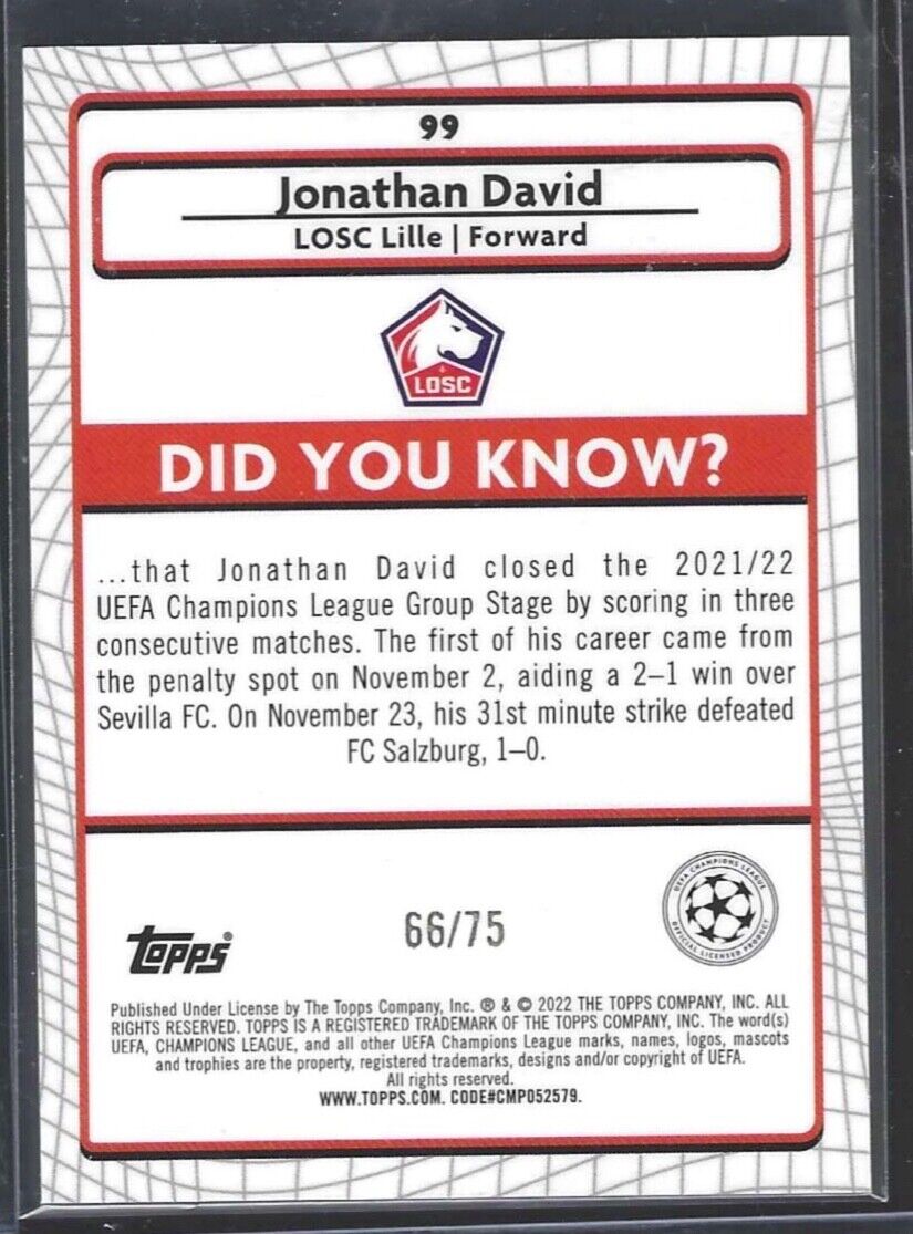 JONATHAN DAVID 2021-22 TOPPS MERLIN BLUE SHIMMER REFRACTOR ROOKIE RC #D 66/75