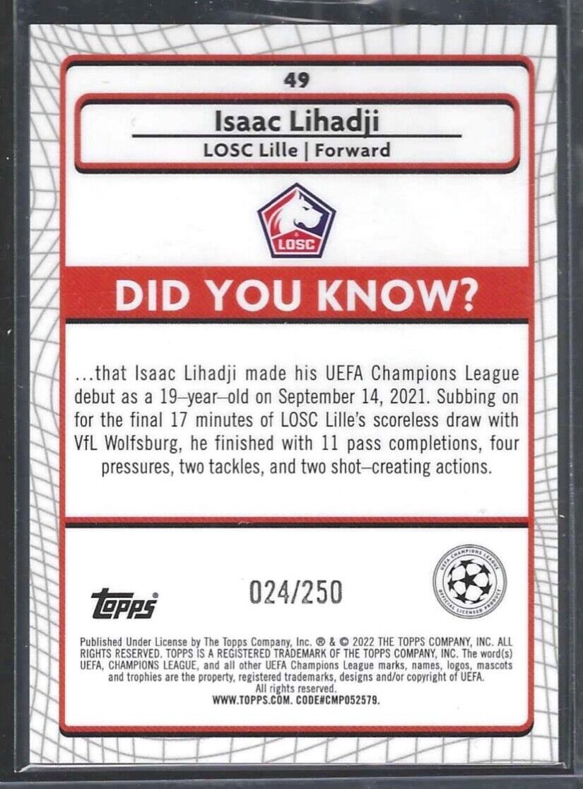 ISAAC LIHADJI 2021-22 TOPPS MERLIN ATOMIC ICE REFRACTOR ROOKIE RC #D 024/250