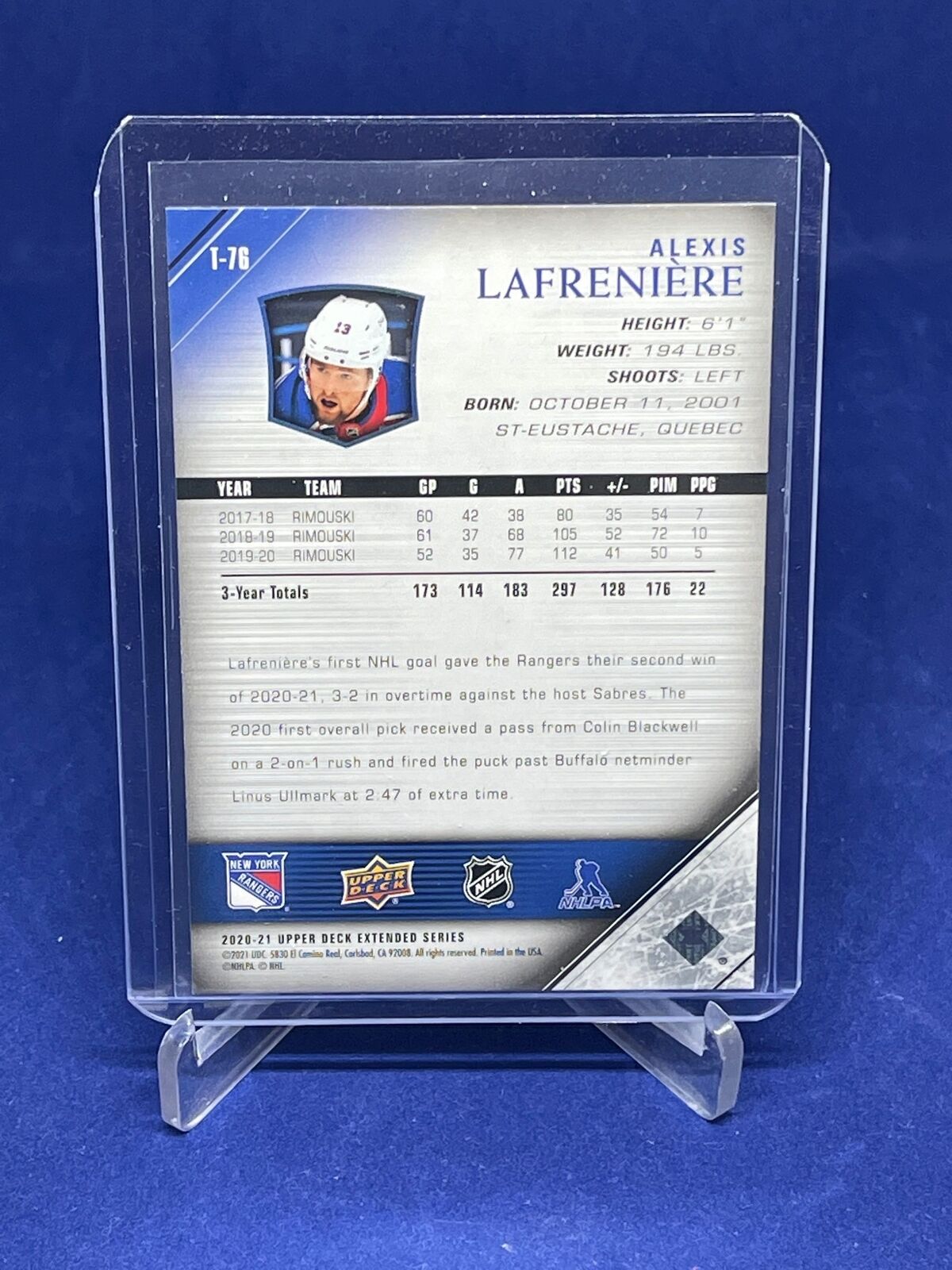 ALEXIS LAFRENIERE 2020-21 UPPER DECK EXTENDED SERIES ROOKIE RC