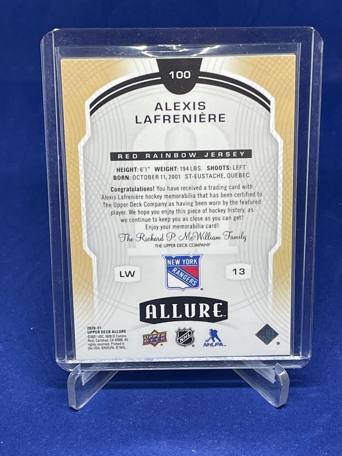 ALEXIS LAFRENIERE 2020-21 UPPER DECK ALLURE RED RAINBOW JERSEY ROOKIE RC #100