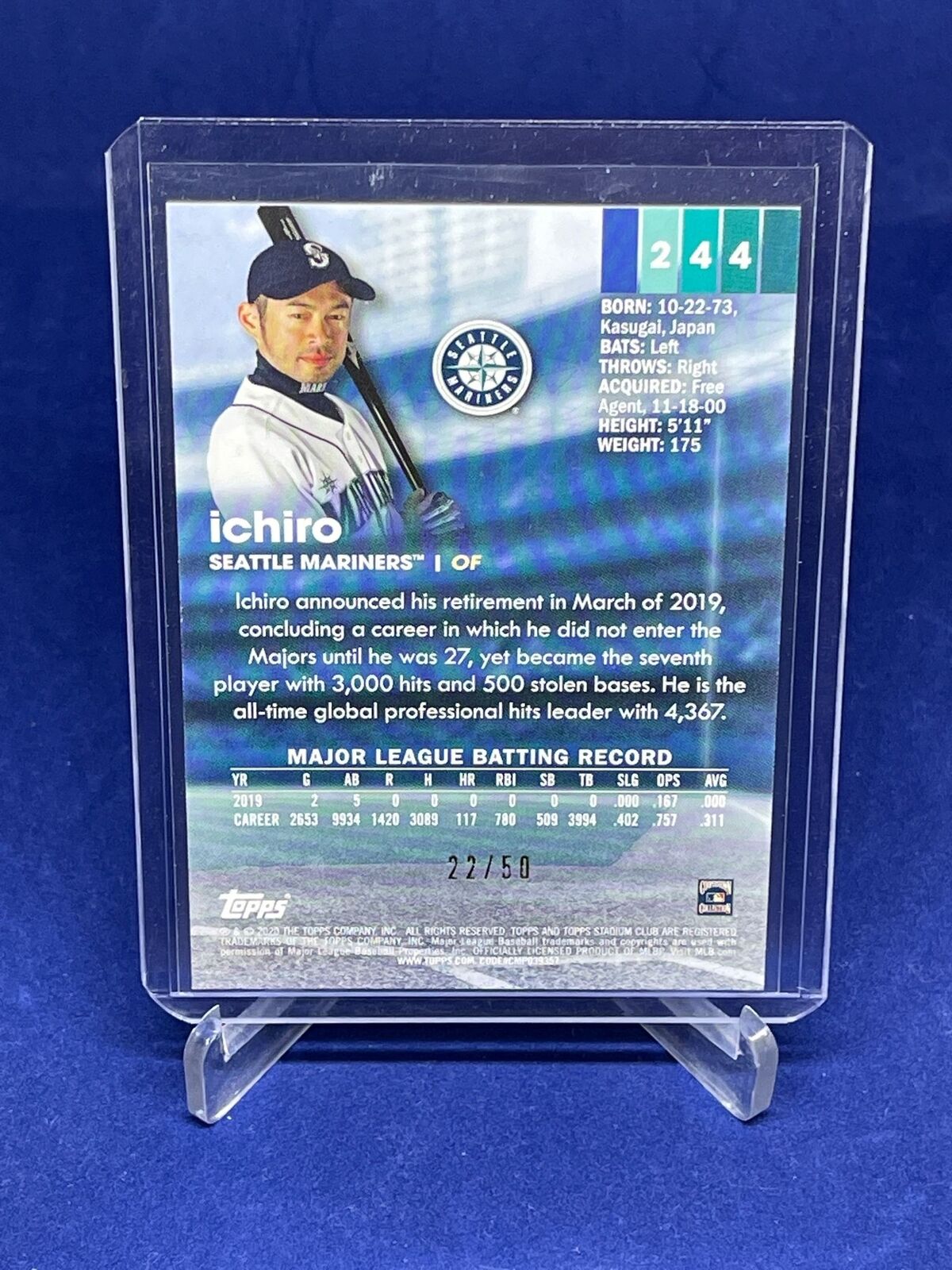 ICHIRO SUZUKI 2020 STADIUM CLUB BLUE #D 22/50