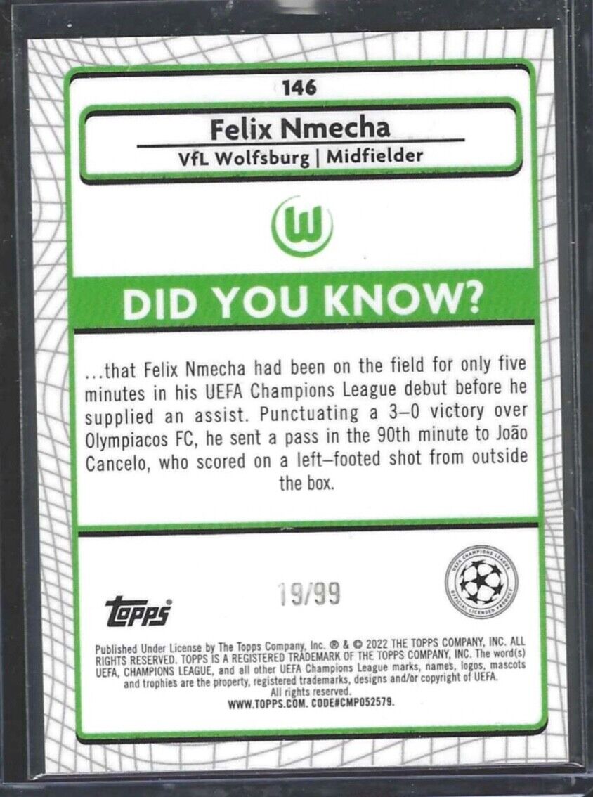 FELIX NMECHA 2021-22 TOPPS MERLIN GREEN REFRACTOR ROOKIE RC #D 19/99