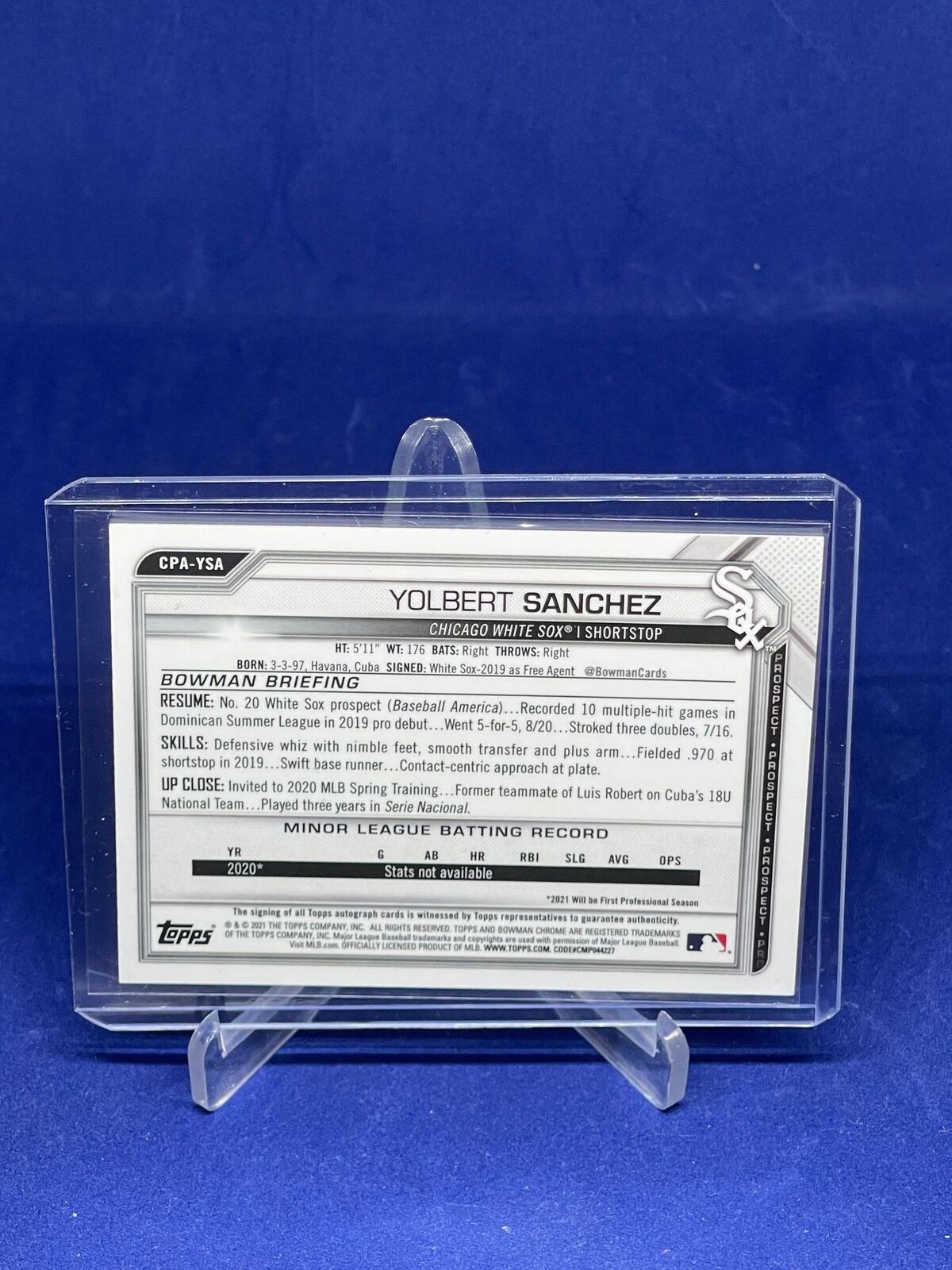YOLBERT SANCHEZ 2021 BOWMAN CHROME 1ST ON CARD AUTO PROSPECT