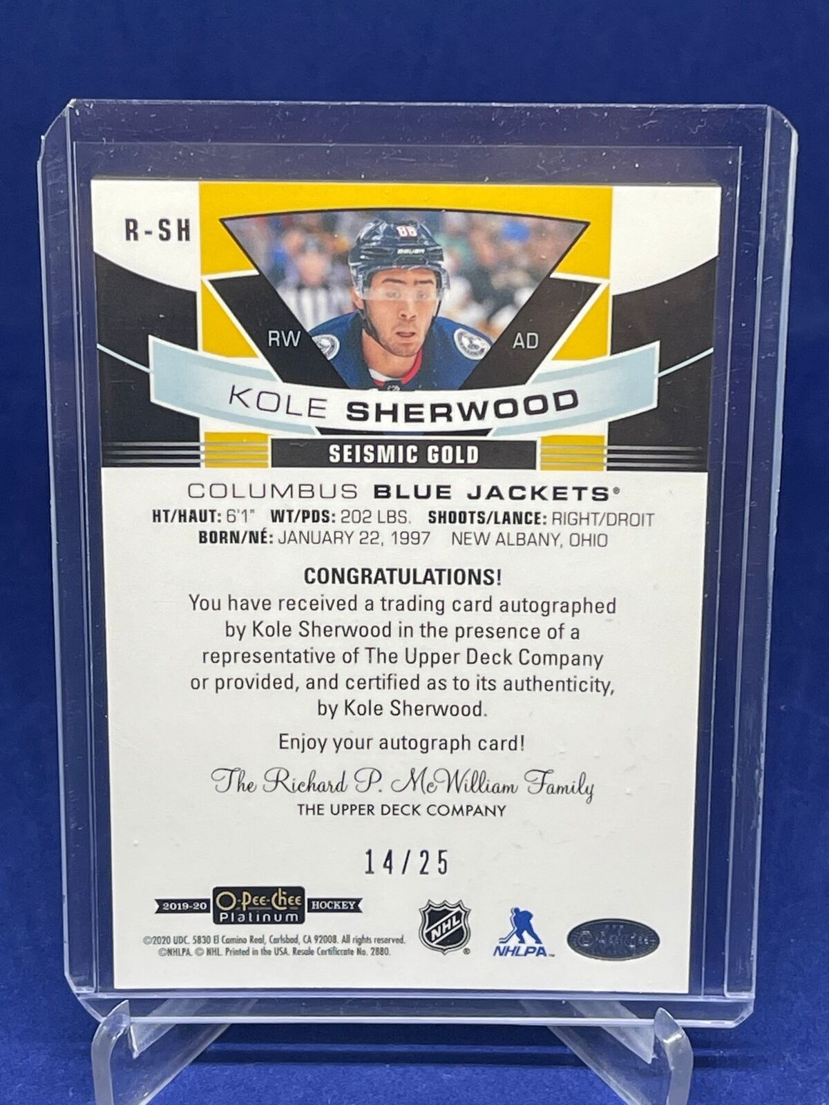 KOLE SHERWOOD 2019-20 O-PEE-CHEE PLATINUM SEISMIC GOLD PULSAR AUTO RC #D 14/25