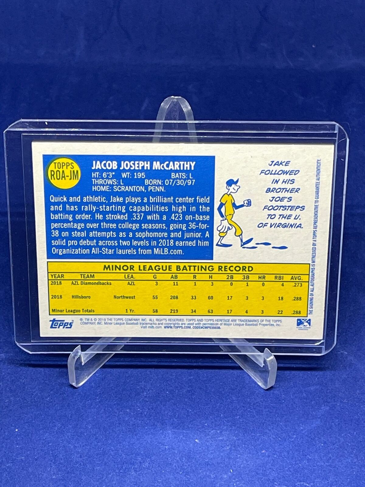 JAKE MCCARTHY 2019 TOPPS HERITAGE MINORS ON CARD AUTO PROSPECT BLACK #D 4/50