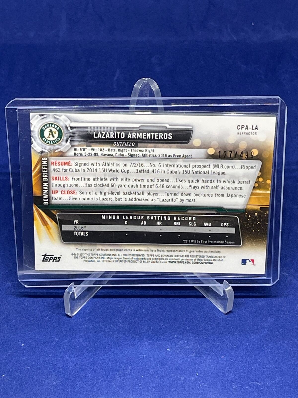 LAZARITO ARMENTEROS 2017 BOWMAN CHROME 1ST AUTO REFRACTOR PROSPECT #D 127/499