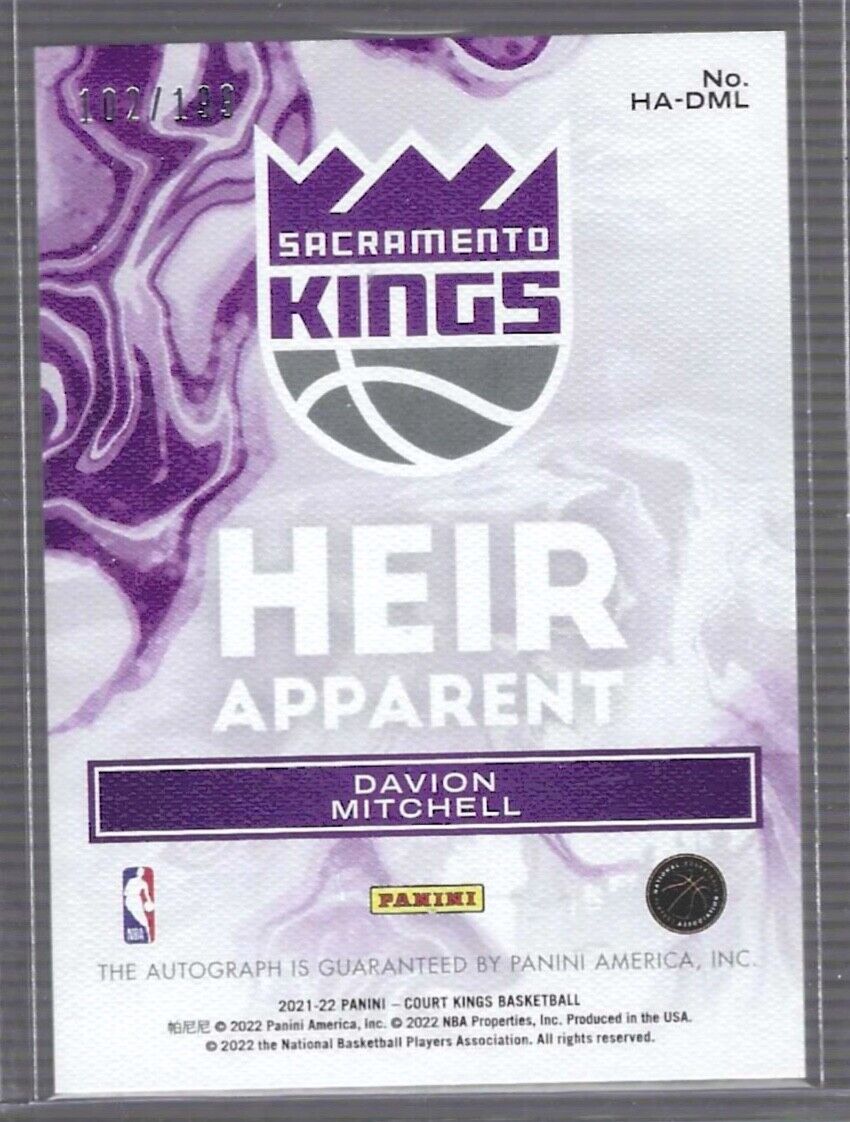 DAVION MITCHELL 2021-22 PANINI COURT KINGS HEIR APPARENT AUTO RC #D 102/199