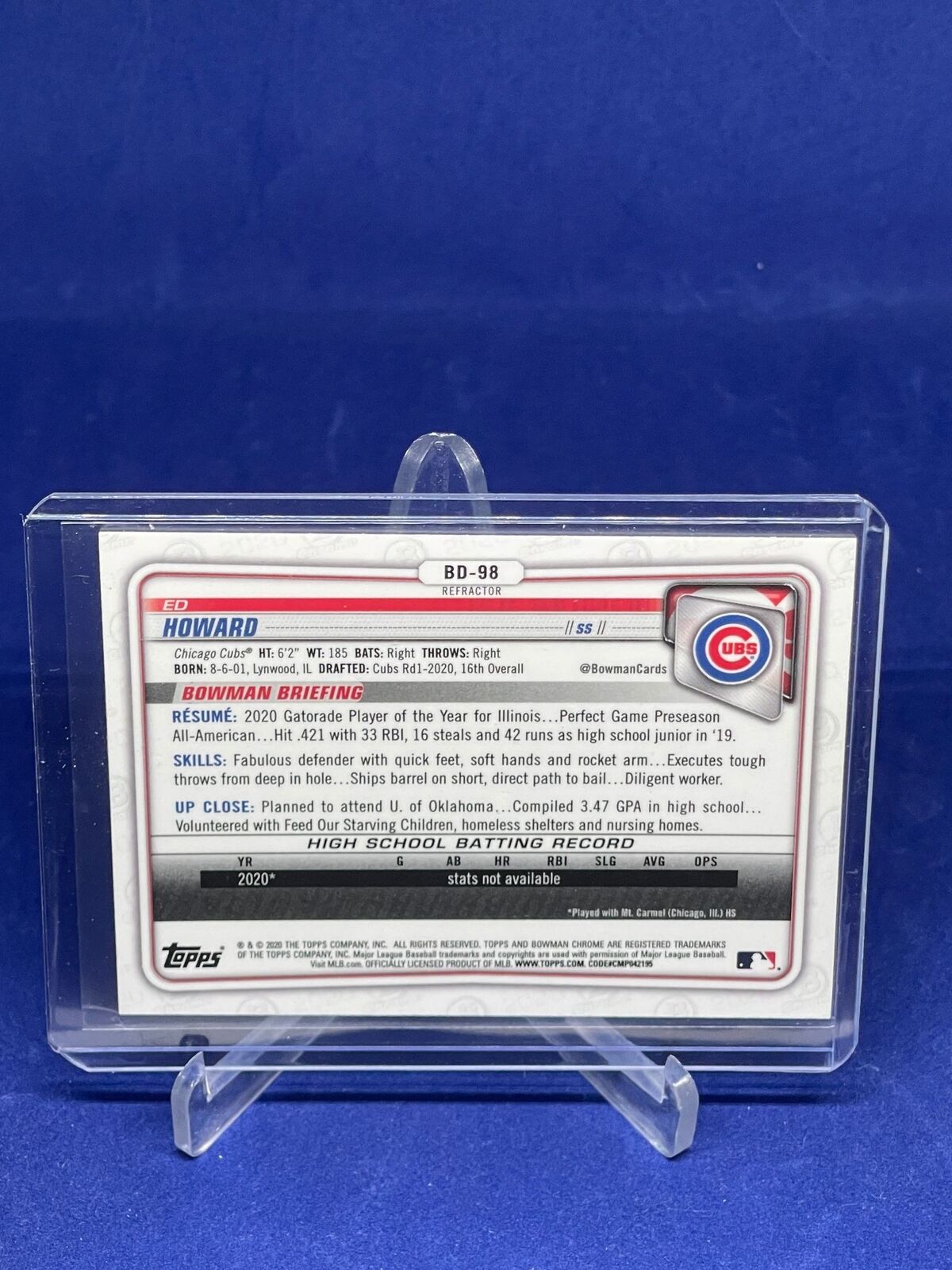 ED HOWARD 2020 BOWMAN CHROME 1ST REFRACTOR PROSPECT