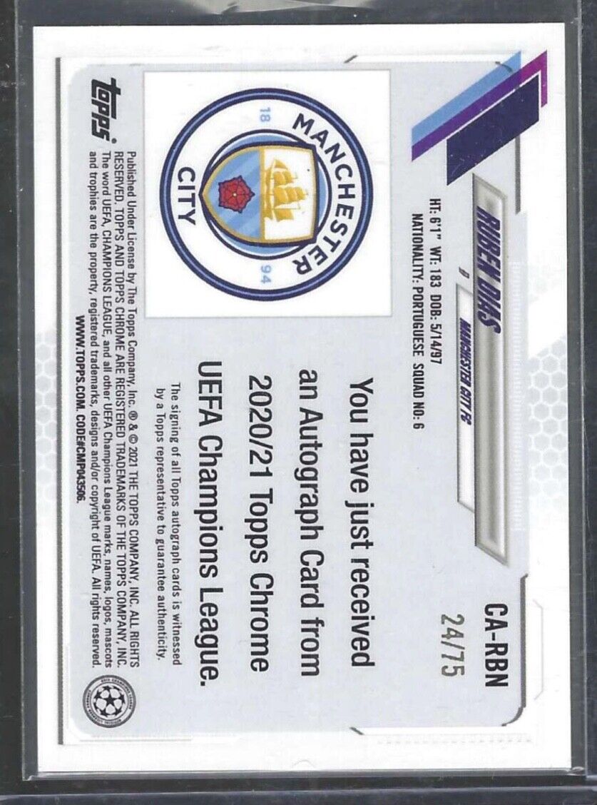 RUBEN DIAS 2020-21 TOPPS CHROME UEFA BLUE WAVE REFRACTOR AUTO #D /75