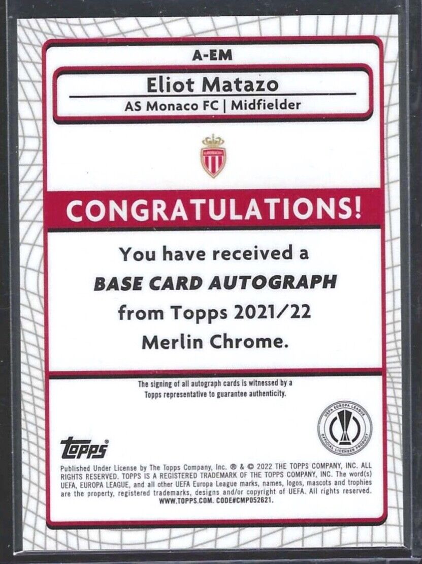 ELIOT MATAZO 2021-22 TOPPS MERLIN UEFA SILVER REFRACTOR ROOKIE AUTO RC #A-EM
