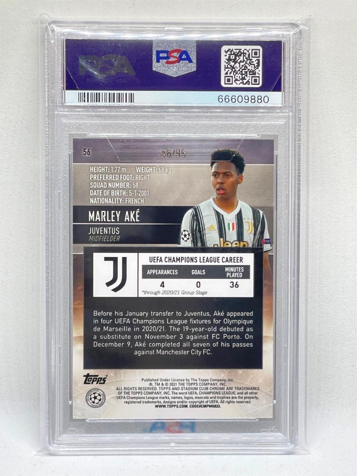 MARLEY AKE 2020-21 STADIUM CLUB CHROME GREEN REFRACTOR RC #D 46/99 PSA 9 POP 1/1