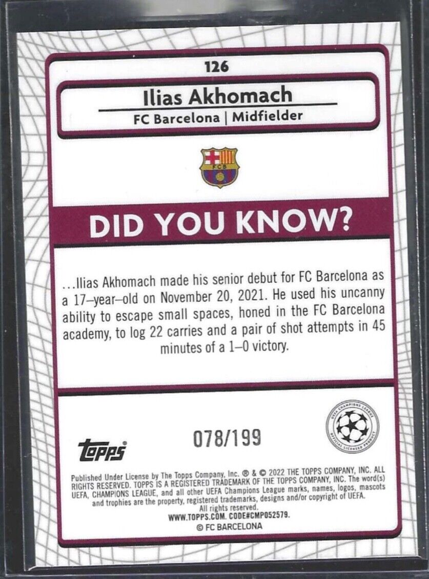 ILIAS AKHOMACH 2021-22 TOPPS MERLIN AQUA REFRACTOR ROOKIE RC #D 078/199