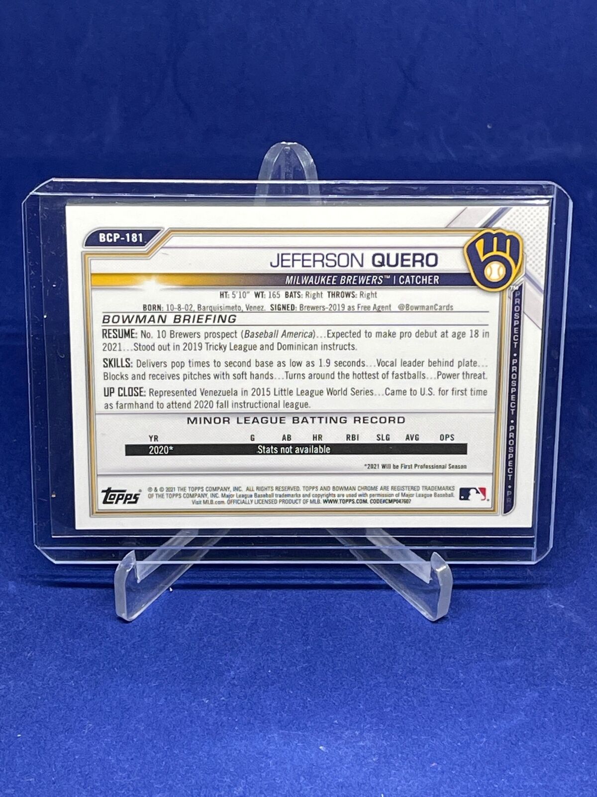 JEFERSON QUERO 2021 BOWMAN CHROME 1ST PURPLE REFRACTOR PROSPECT #D 219/250