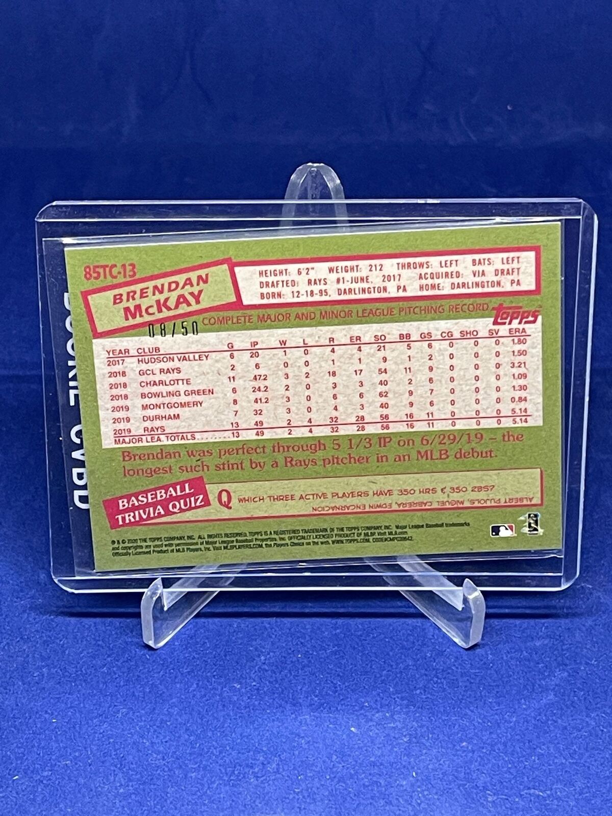 BRENDAN MCKAY 2020 TOPPS CHROME 1985 GOLD REFRACTOR ROOKIE RC #D 8/50