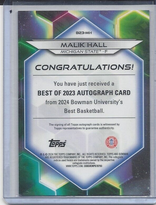 MALIK HALL 2023 BOWMAN'S BEST UNIVERSITY ORANGE GEOMETRIC REFRACTOR AUTO /25